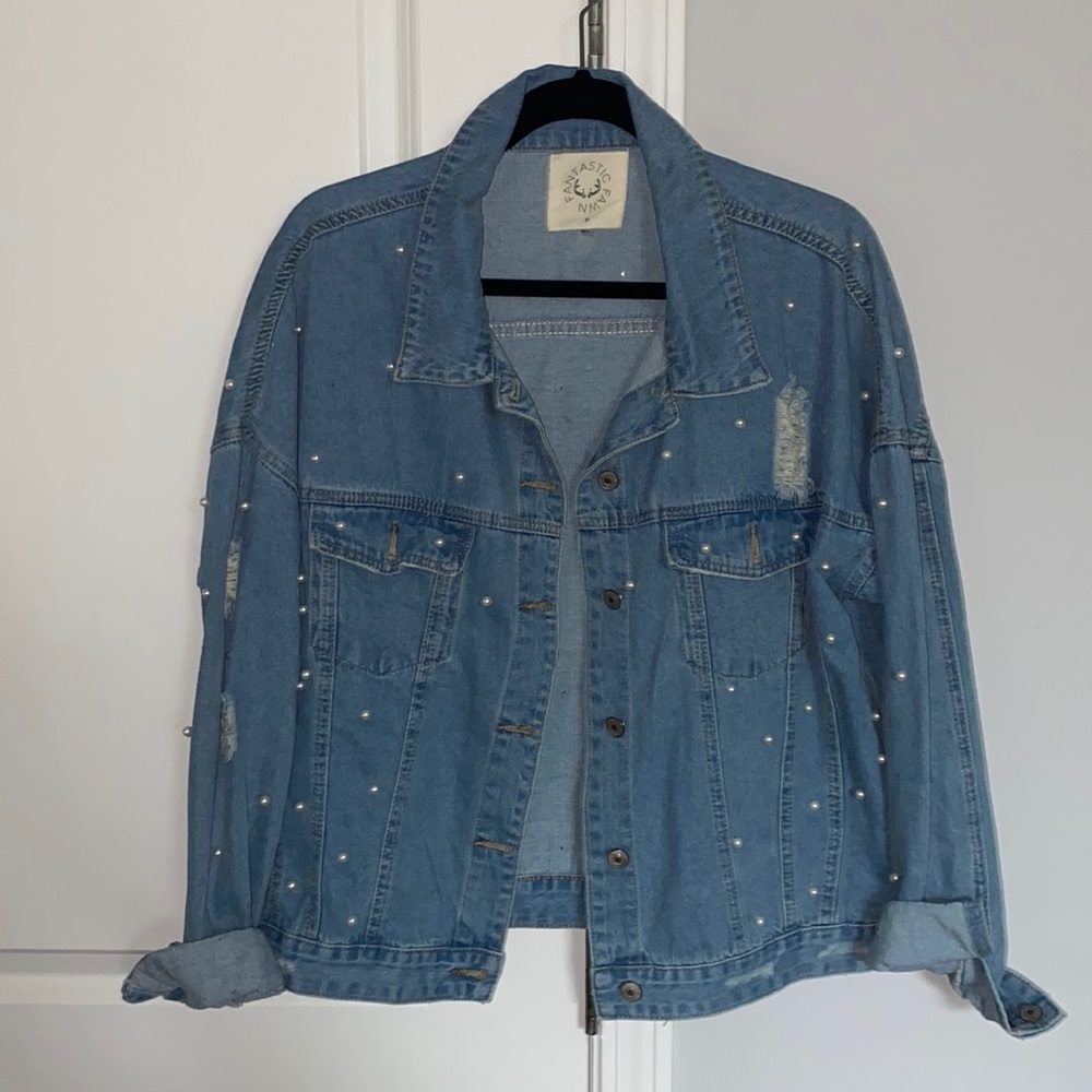 Embellished distressed oversized denim jacket